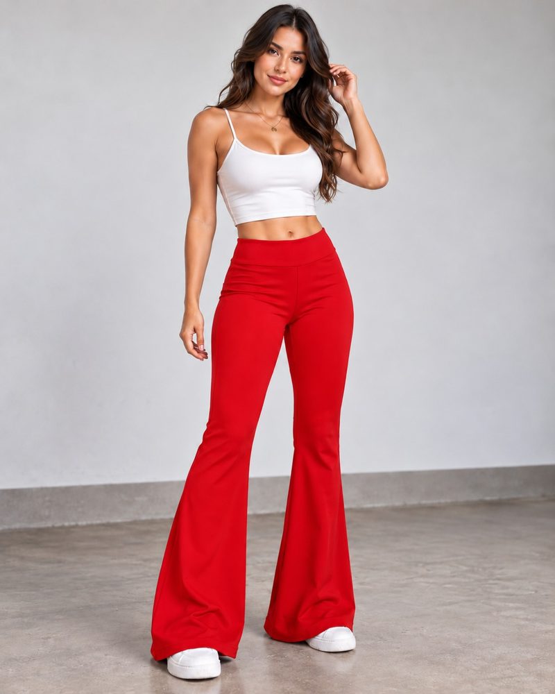 Modelo de cuerpo completo con el pantalón bota campana rojo y top blanco